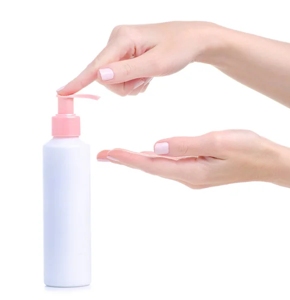 Bottle dispenser cream for hands in hand — Stock Photo, Image