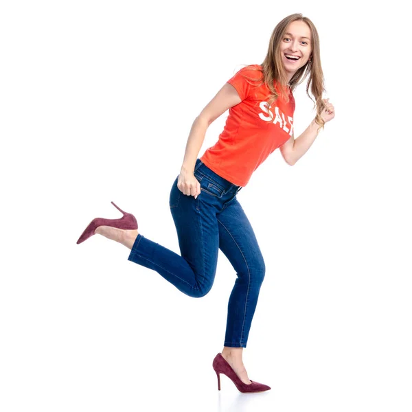 Donna in camicia e tacchi alti scarpe vendita shopping moda va in esecuzione sorridente felicità — Foto Stock