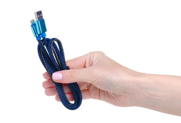 손에 있는 USB 케이블 섬유 — 스톡 사진