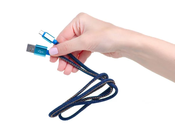 Kabel USB tekstylny w ręku — Zdjęcie stockowe