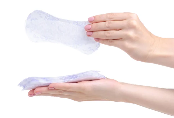 Egészségügyi betétek menstruáció fehér kéz a kézben — Stock Fotó
