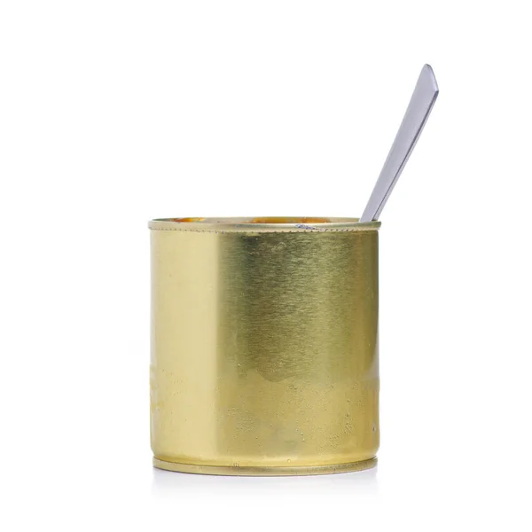 Tarro con leche condensada con cuchara —  Fotos de Stock