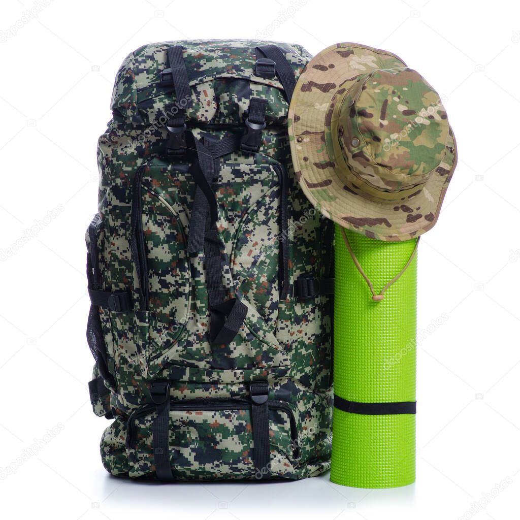 Military backpack with accessories cap hat hiking