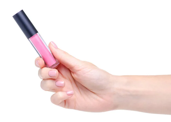 Ροζ lip gloss σε ομορφιά χέρι — Φωτογραφία Αρχείου