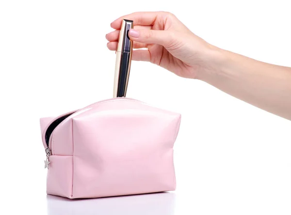 Mascara put intp pink cosmetic bag beauty — Stock Photo, Image