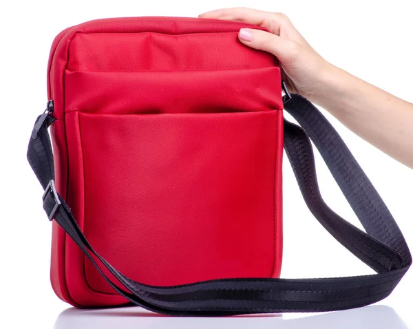 Red messenger bag in hand
