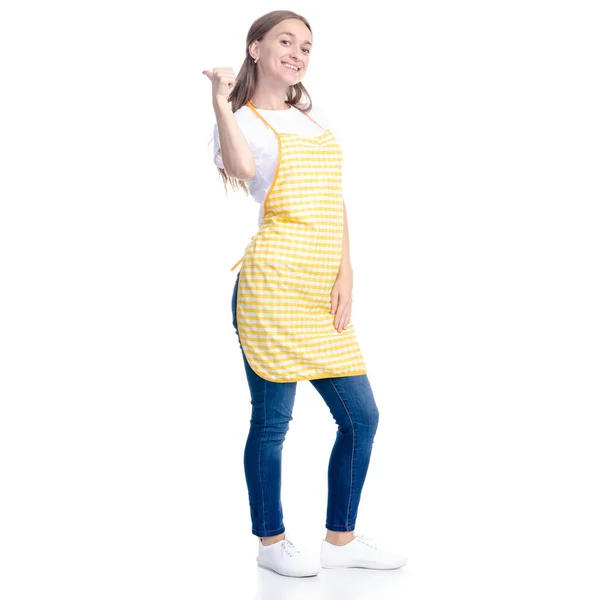 Mujer en delantal amarillo sonrisa mostrando señalando —  Fotos de Stock