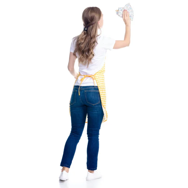 Woman in yellow apron smile holding kithcen towel cleaning — Stock Photo, Image