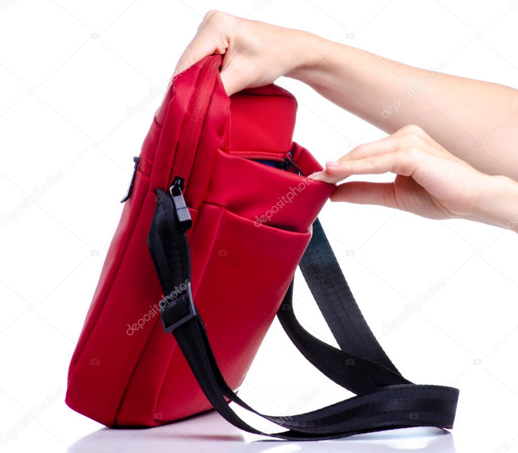 Red messenger bag in hand