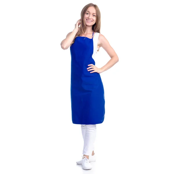 Woman in blue apron smile — Stock Photo, Image