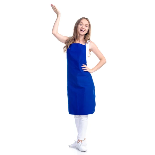 Mulher de avental azul sorriso mostrando apontando — Fotografia de Stock