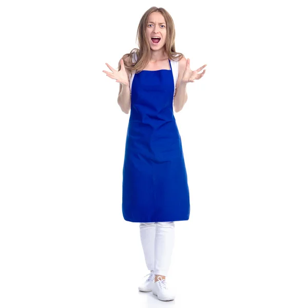 Mujer en delantal azul enojado — Foto de Stock