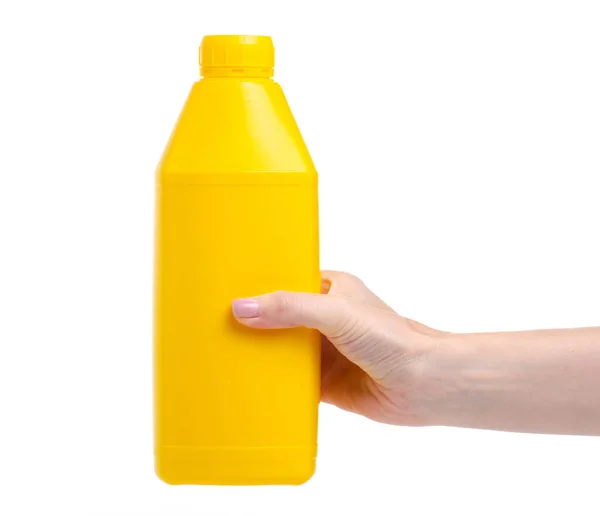 Gele fles industriële primer in de hand — Stockfoto