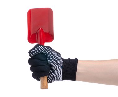 Elleri çalışan eldivenlerde, ellerinde bahçe aletleri küreği.