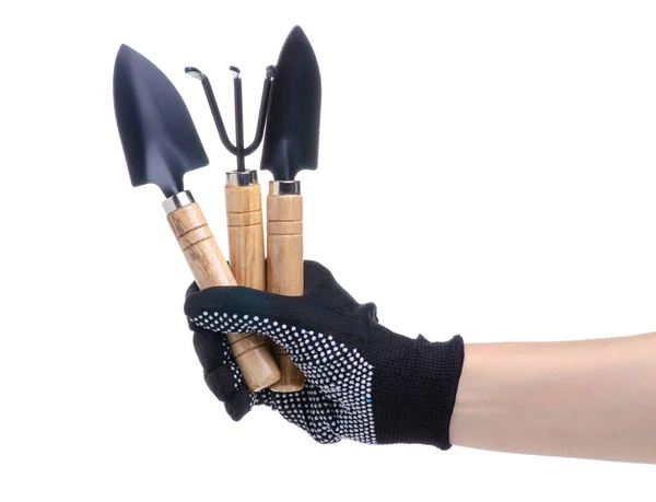 Mains dans les gants de travail tenant des outils de jardinage pelle à râteau — Photo