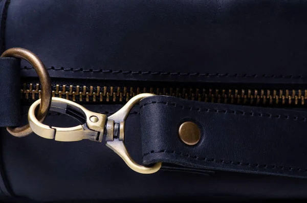 Black leather bag macro texture accessories zipper carbine — Stock Photo, Image