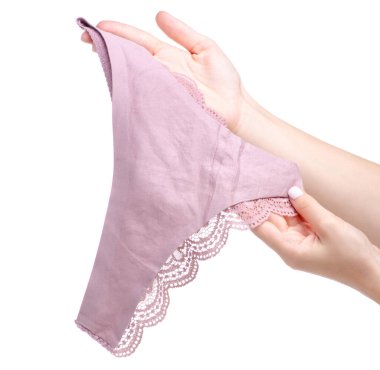 Elinde pembe dantelli kadın külotu