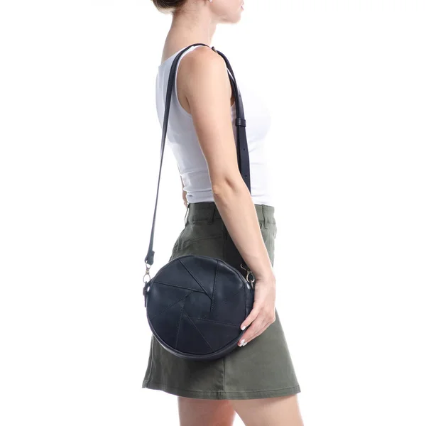 Woman with black round bag fashion — Stock Photo, Image