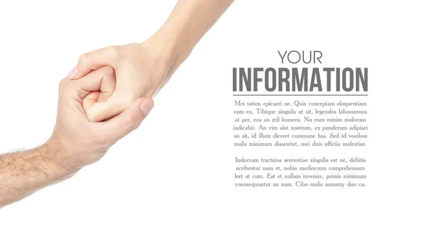Manlig och kvinnlig hand förenad i handslag hjälp, vård, utrymme för text — Stockfoto