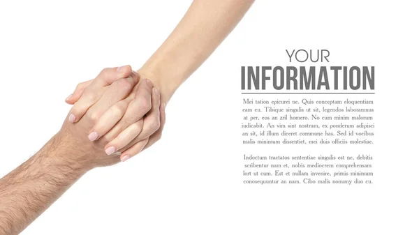 Coppia mani tenute insieme maschio mani femminili, spazio per il testo — Foto Stock