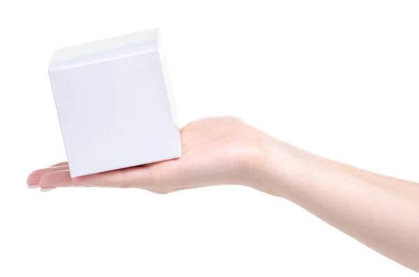 Λευκό κουτί στο χέρι — Φωτογραφία Αρχείου