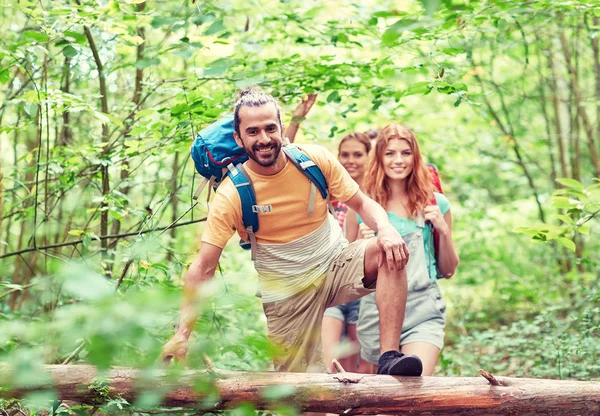 Hiking sırt çantaları ile gülümseyen arkadaş grubu — Stok fotoğraf