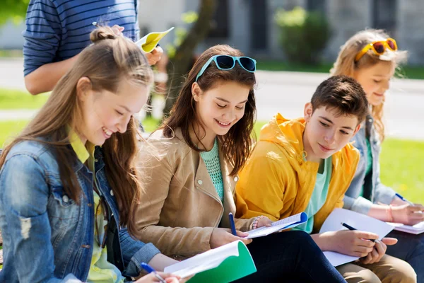 Skupina studentů s notebookem na školním dvoře — Stock fotografie