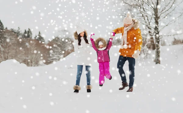 Famille heureuse en vêtements d'hiver marchant à l'extérieur — Photo