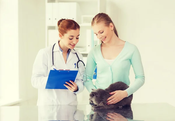 Happy woman with cat and doctor at vet clinic — Stock Photo, Image