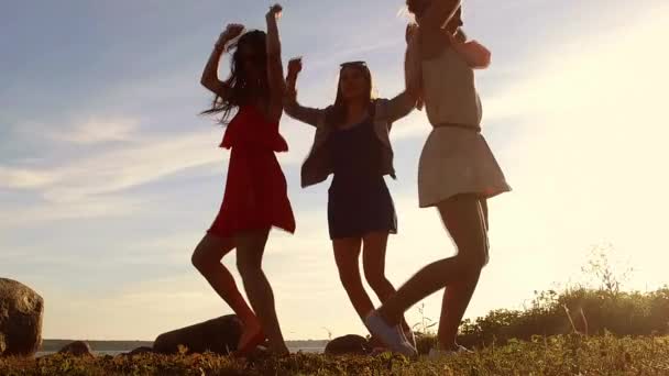 Skupina happy ženy či dívky tančí na pláži 55 — Stock video