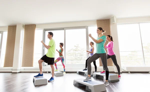 Grupo de personas que hacen ejercicio en los pasos en el gimnasio — Foto de Stock