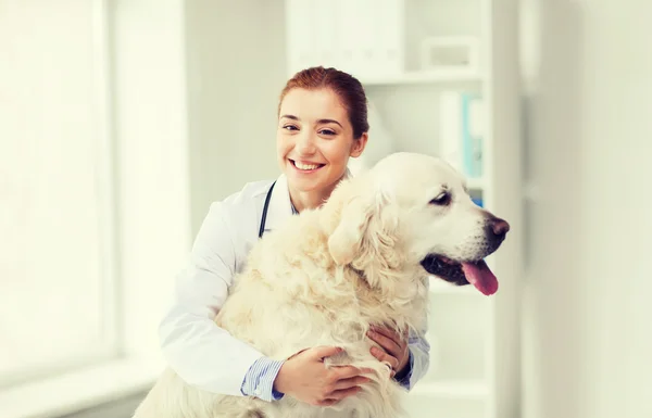 Médico feliz com cão retriever na clínica veterinária — Fotografia de Stock