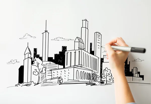 Nahaufnahme der von Hand gezeichneten Stadt auf Whiteboard — Stockfoto