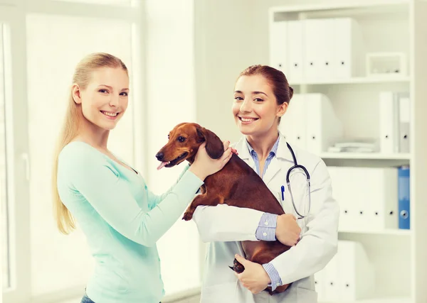 Glad kvinna med hund och läkare vid veterinär klinik — Stockfoto