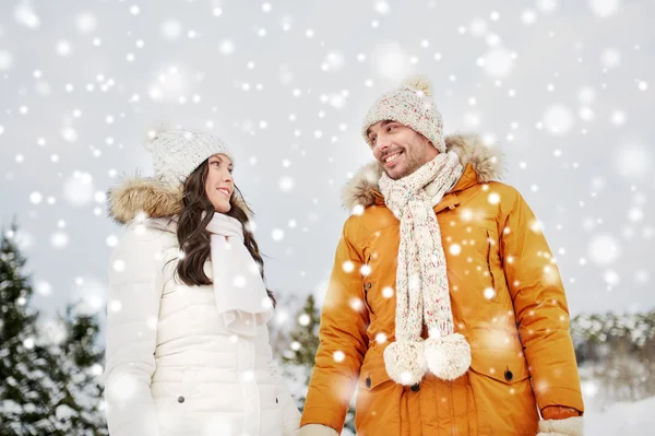Mutlu çift Kış arka plan üzerinde yürüme — Stok fotoğraf