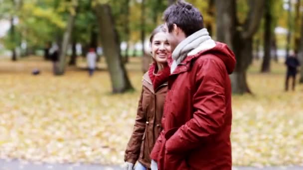 Счастливая молодая пара, гуляющая в осеннем парке — стоковое видео