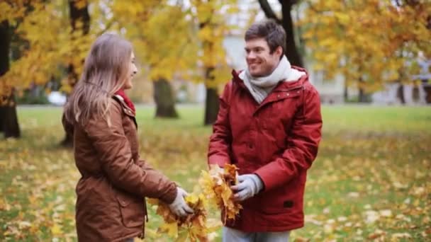 Glada unga par kasta hösten lämnar i park — Stockvideo