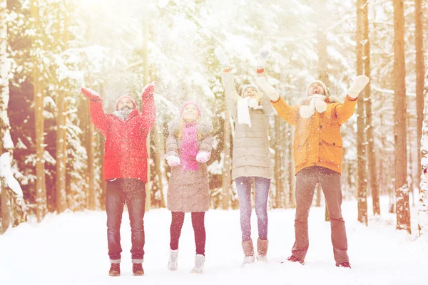 Groep gelukkige vrienden playin met sneeuw in bos — Stockfoto