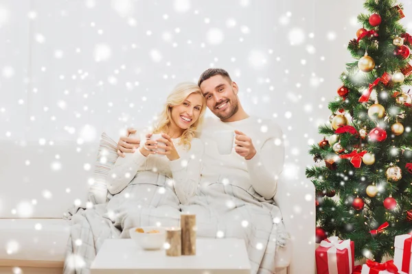 Счастливая пара дома с рождественской елкой — стоковое фото