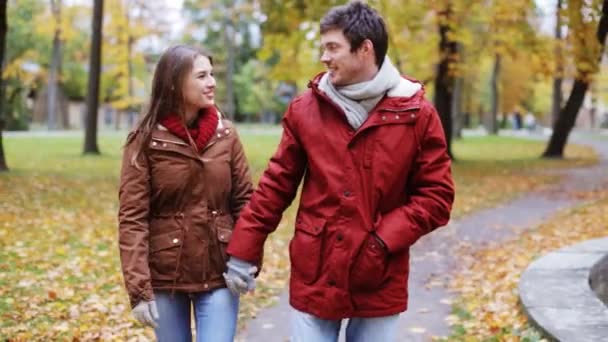 秋の公園で歩く幸せな若いカップル — ストック動画