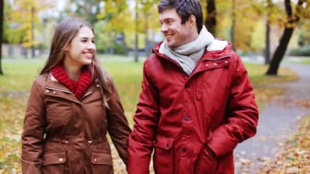 Feliz pareja joven caminando en el parque de otoño — Vídeo de stock