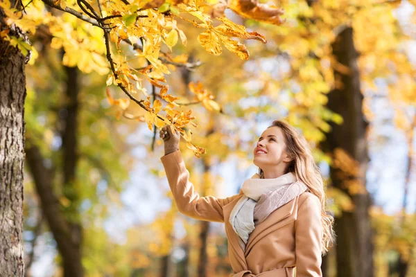 Schöne glückliche junge Frau, die im herbstlichen Park spaziert — Stockfoto