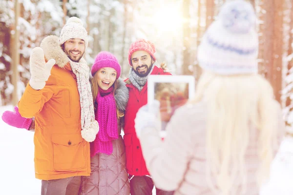 Amici sorridenti con tablet pc nella foresta invernale — Foto Stock