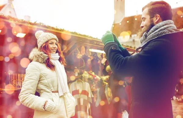 Couple taking selfie with smartphone in old town — Stock Photo, Image