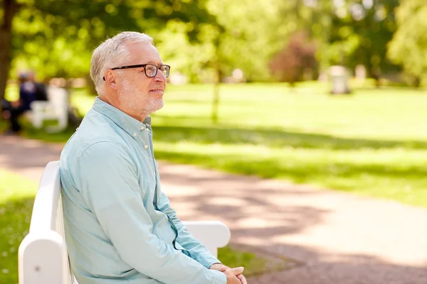 Ευτυχής ανώτερος άνθρωπος κάθεται στο πάρκο καλοκαίρι γυαλιά — Φωτογραφία Αρχείου