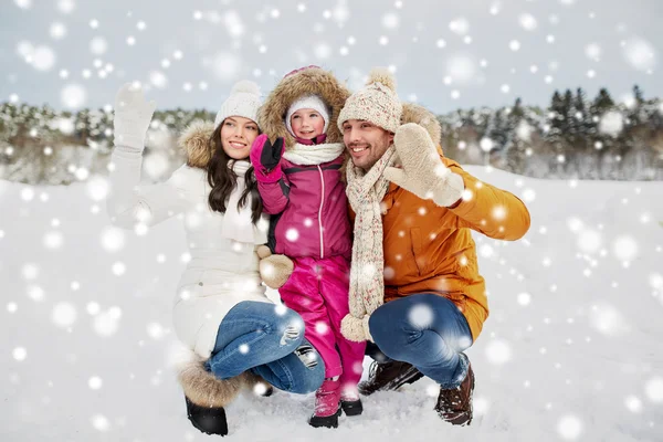 Familia feliz agitando las manos al aire libre en invierno —  Fotos de Stock