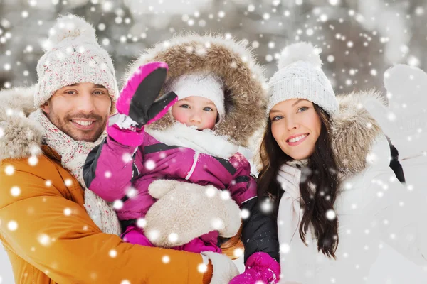 Familia feliz agitando las manos al aire libre en invierno — Foto de Stock