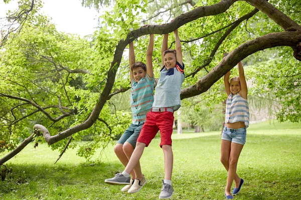 Happy kids hanging on tree in summer park — Stock Photo, Image