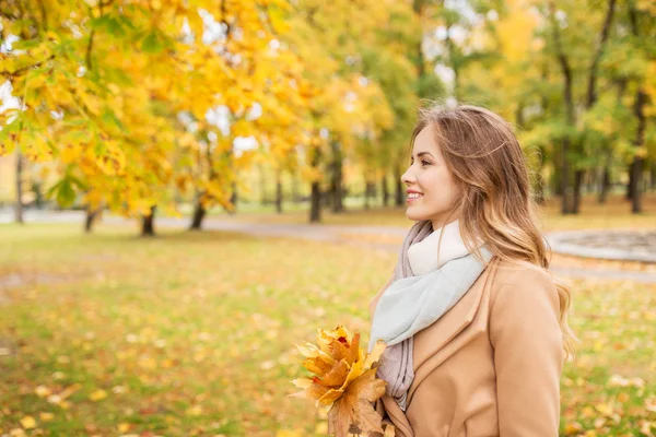 Beautiful woman with maple leaves in autumn park — Stock Photo, Image