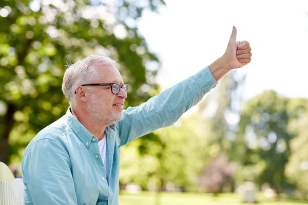 Счастливый пожилой человек показывает большие пальцы в летнем парке — стоковое фото